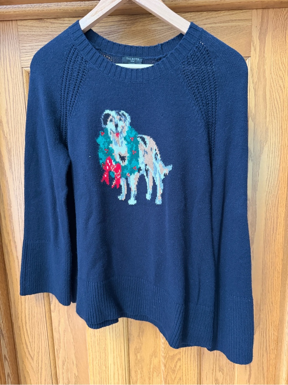 New Talbots Christmas Dog Sweater Womens Petite Small Blue Winter Pullover